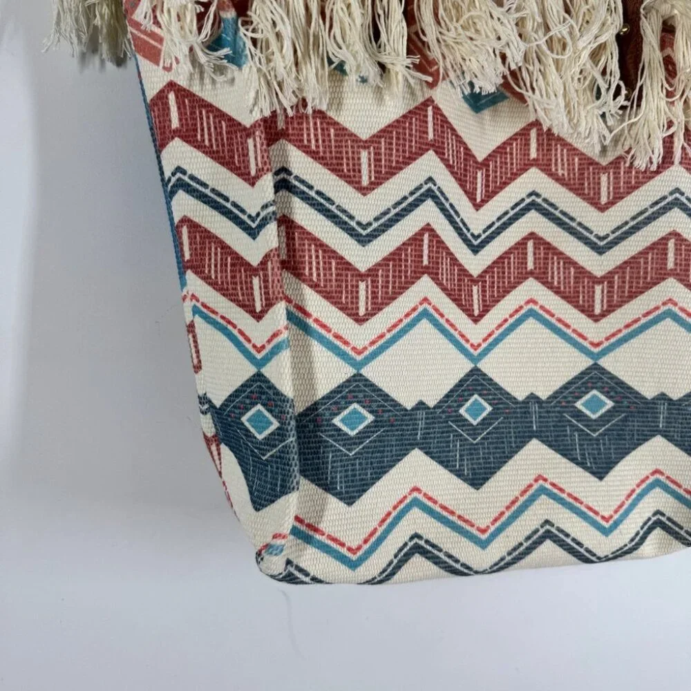 Boho Aztec Fringe Tote Bag Tribal Canvas Beach Shopper Southwest Style Summer - Picture 6 of 14
